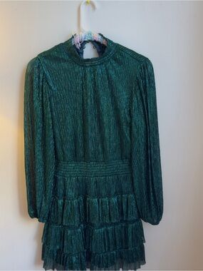 CeCe Emerald Green Metallic Tiered Long-Sleeve Dress